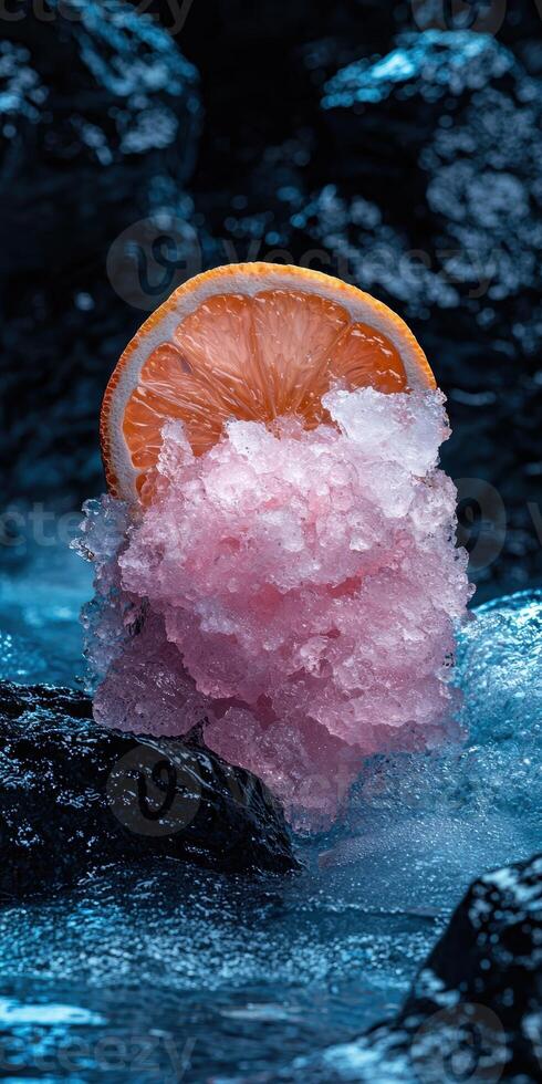 A slice of orange with shaved ice photo