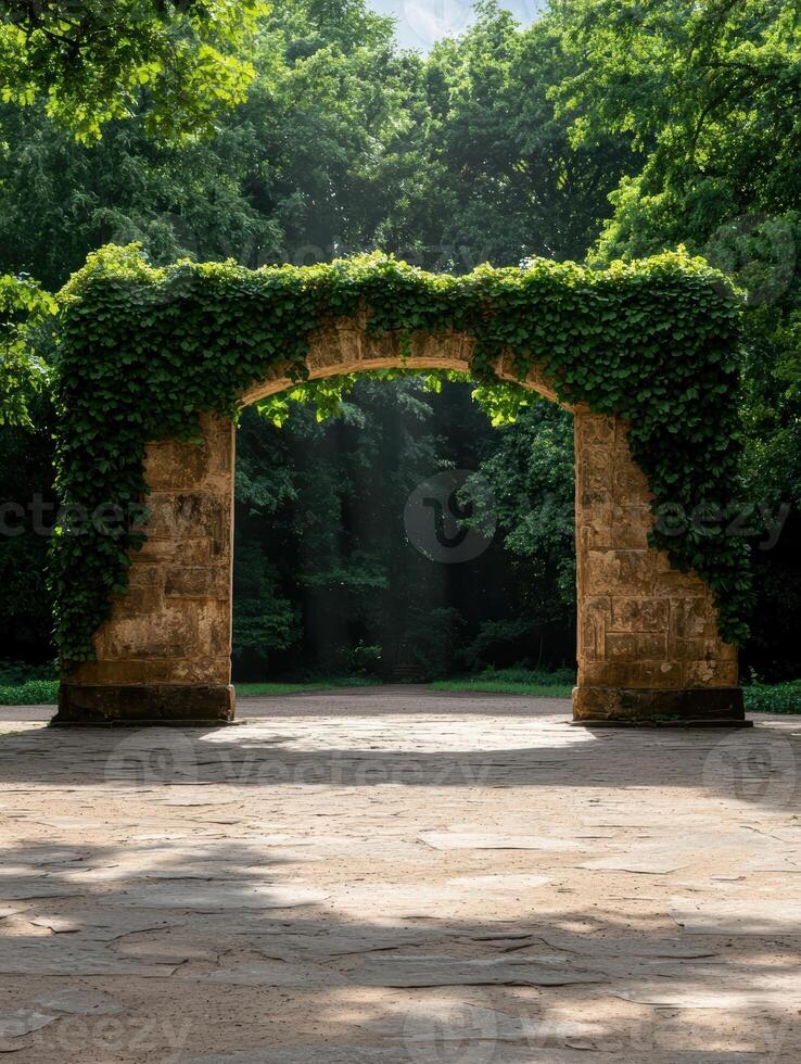 Stone archway covered in ivy in a peaceful garden photo