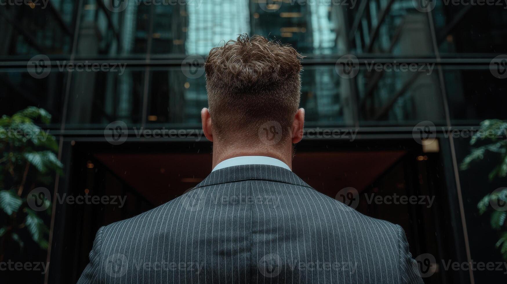 A businessman in a suit stands in front of a modern building photo