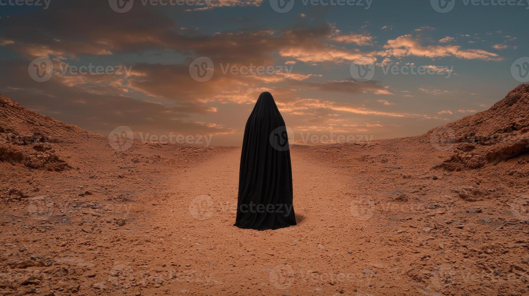 A cloaked figure stands in a desolate desert landscape under a dramatic sky photo