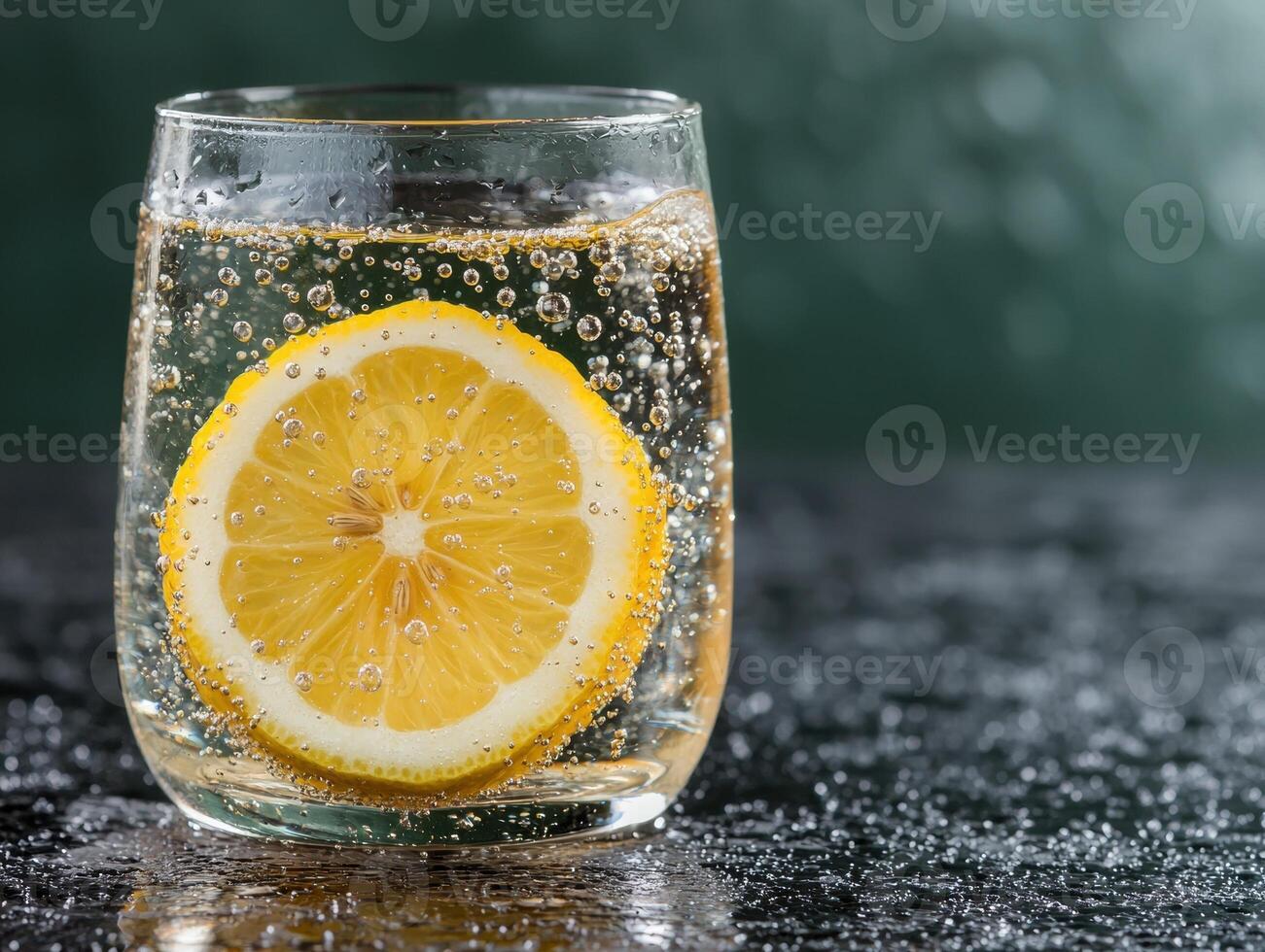 Refreshing sparkling water with lemon slice photo