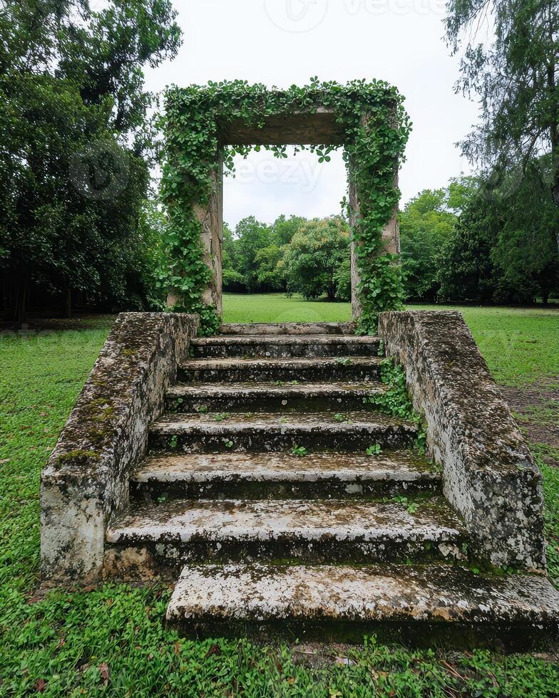 Stone steps leading to a vine covered archway in a garden photo