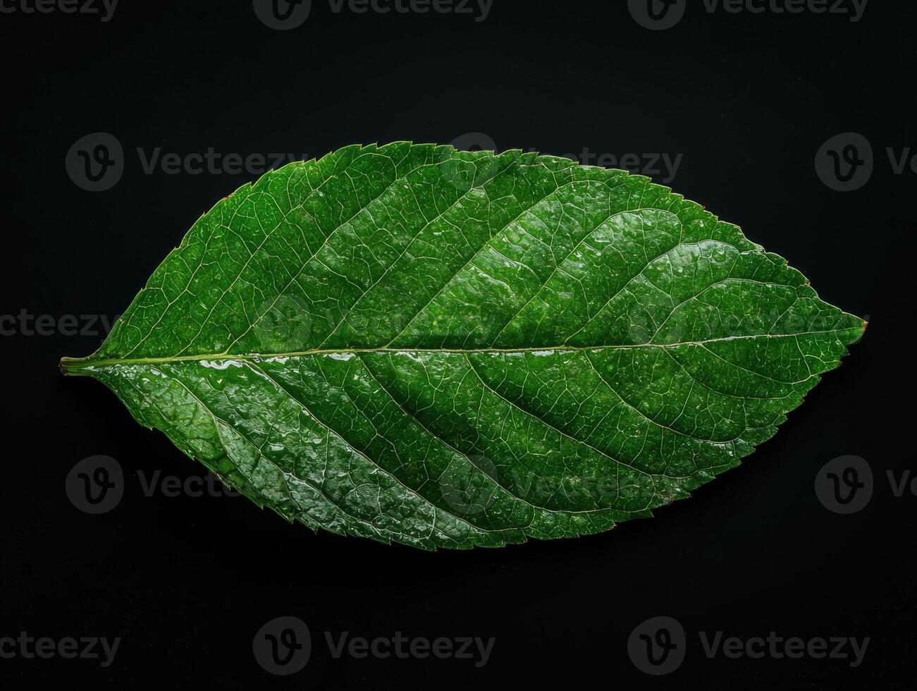 Close up of a fresh green leaf with detailed veins on a black background photo