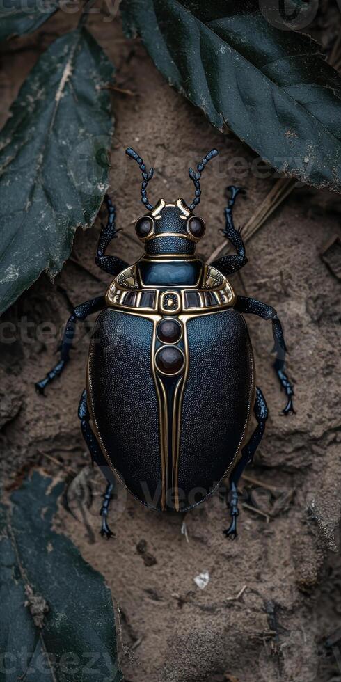 A detailed beetle with golden accents on a natural surface photo