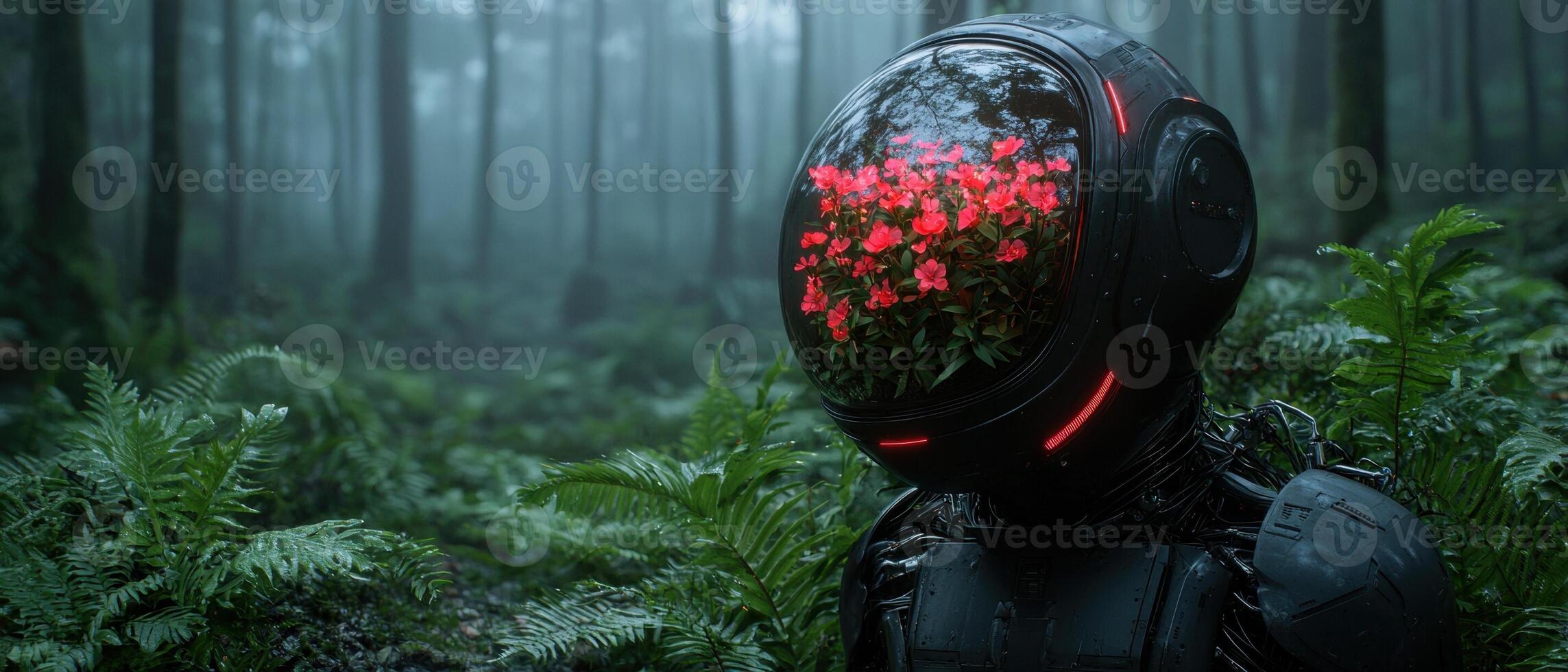 Robot with flowers in its head in a misty forest photo