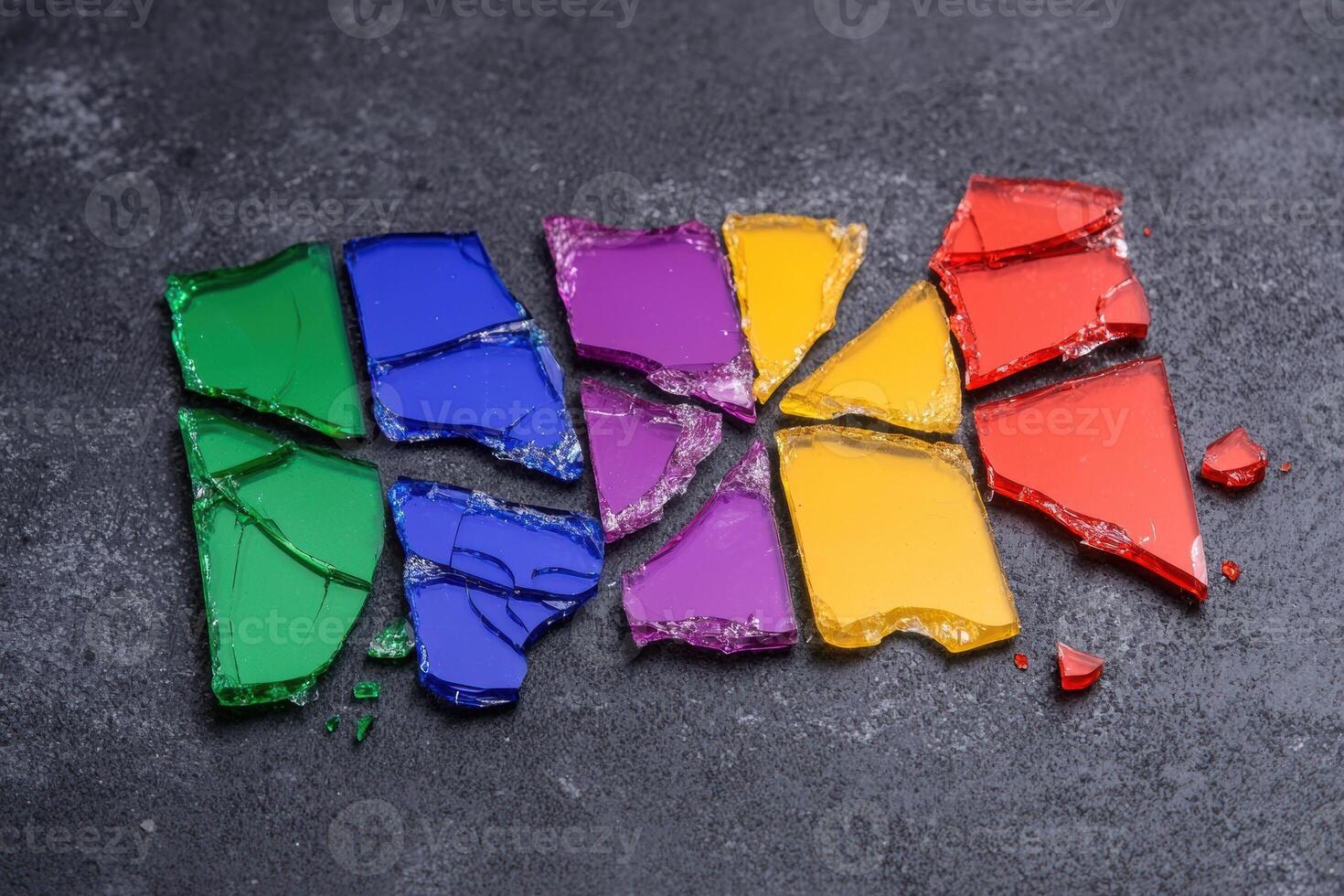Colorful shards of glass arranged on a dark surface photo