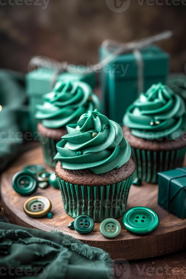 A group of green cupcakes with white frosting and sprinkles on top. The cupcakes are arranged on a wooden table with a green gifts . Patrick's Day sweet dessert for Irish holiday photo