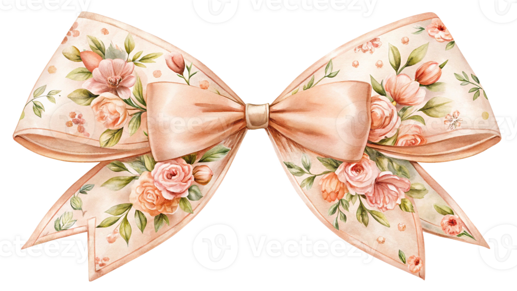 Isolated image of a charming bow with a floral ribbon on a transparent background png