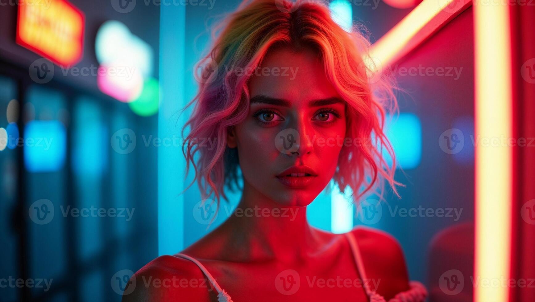 A woman with neon lights in the background photo