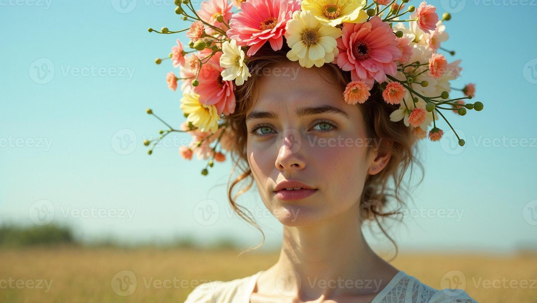 A woman wearing a flower crown in a field photo