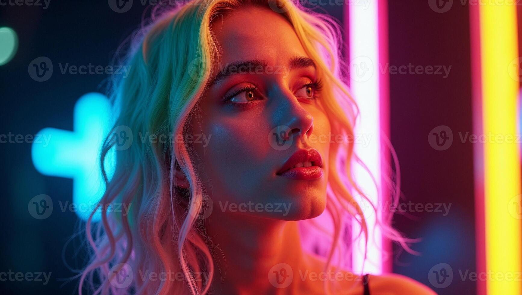 A woman with neon lights in the background photo