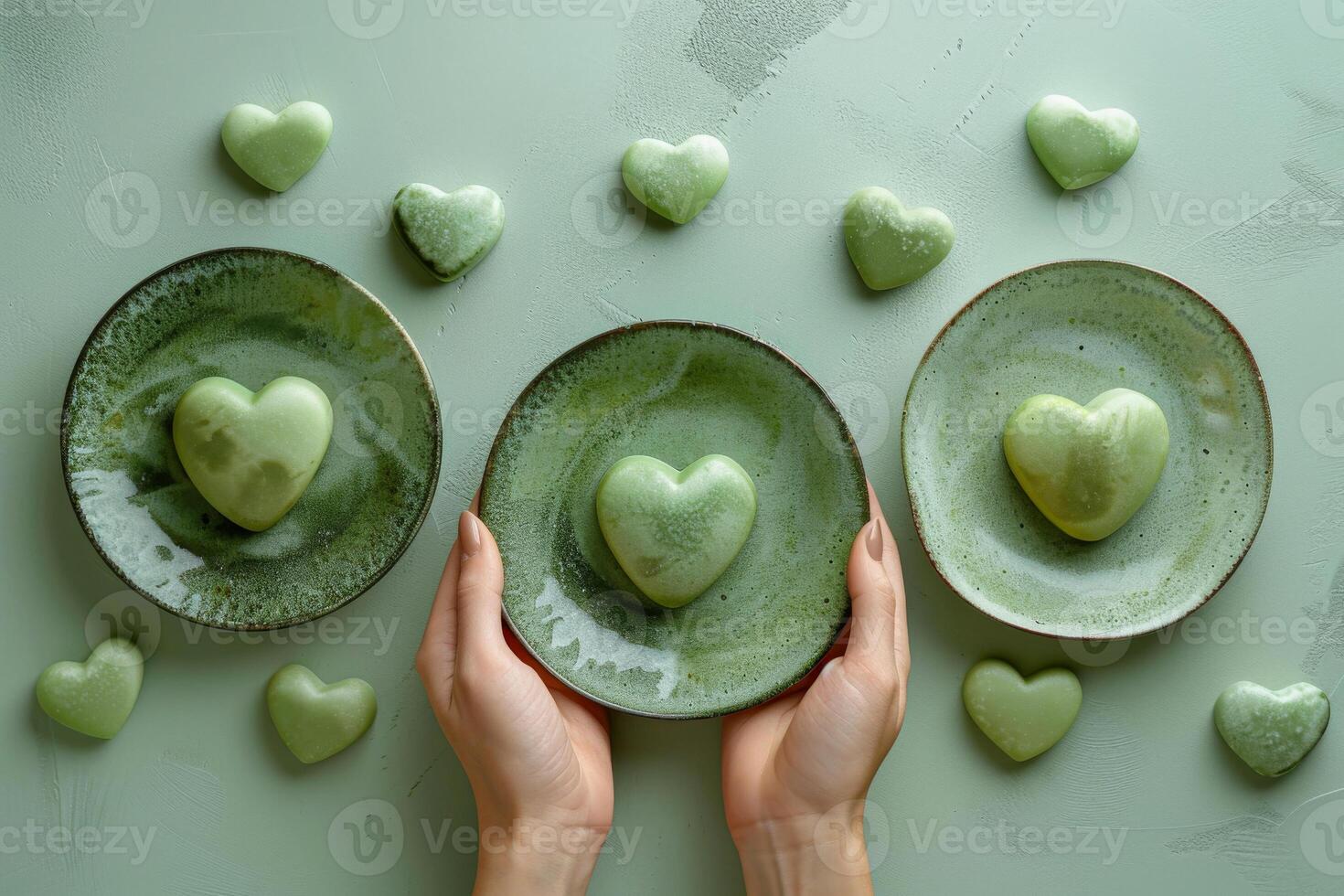 Three plates with green hearts on them are being held by two people. The plates are arranged in a way that they look like they are holding a heart. Patrick's Day cookies photo