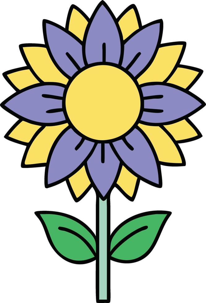 Vibrant Purple and Yellow Flower with Green Leaves Illustration vector