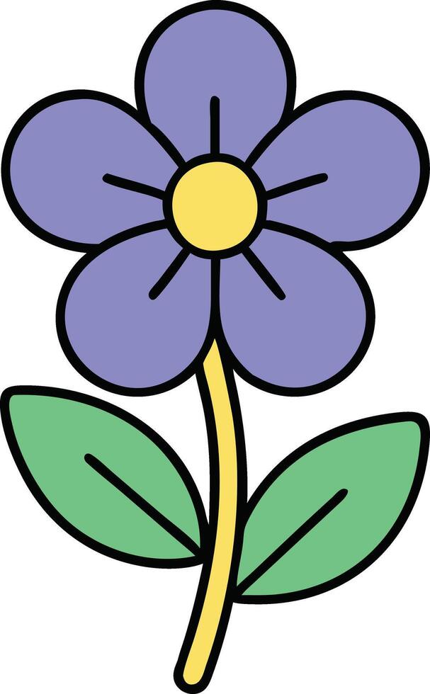 Purple Flower Illustration Simple, Cartoonish, Five Petals, Green Leaves, Yellow Center vector