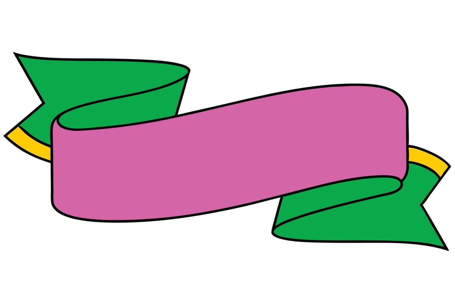 A pink and green ribbon banner with yellow accents. Its curved and designed for text or a message. Simple, cartoonish style. vector