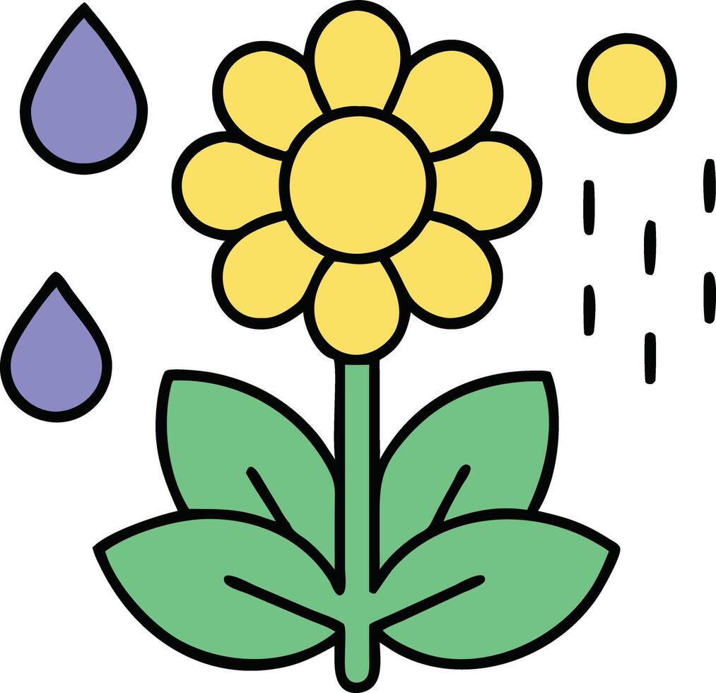 Flower Growth Cycle Rain, Seeds, Blooming, Yellow Petals, Green Leaves vector