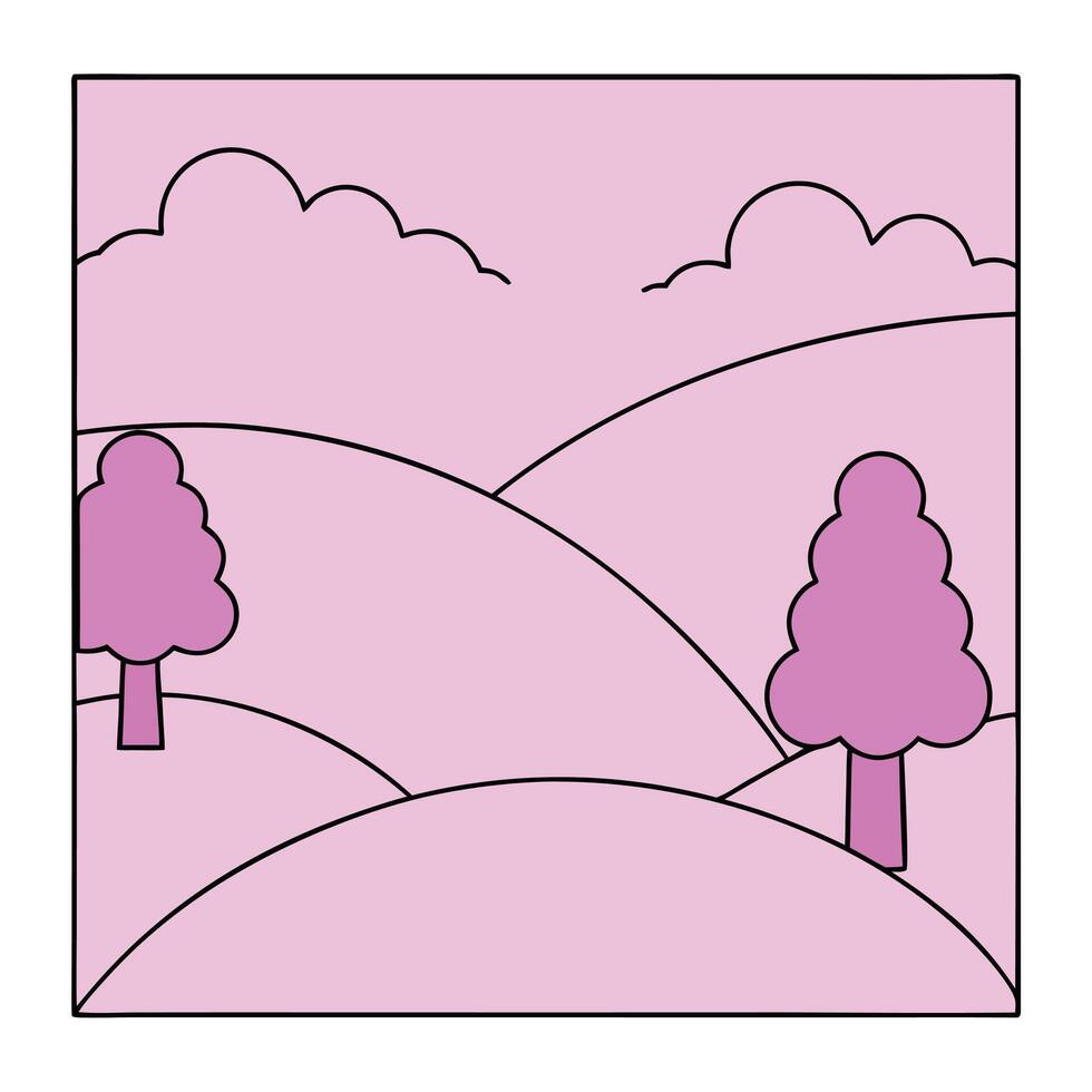 Simple Pink Landscape Illustration Rolling Hills, Trees, Clouds vector