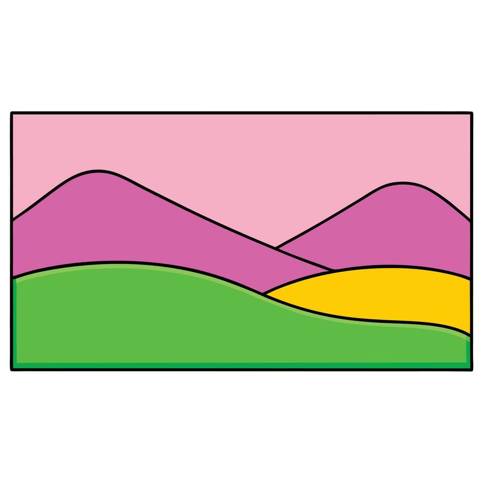 Pink Mountains, Green Hills, Yellow Field, Simple Landscape Art vector