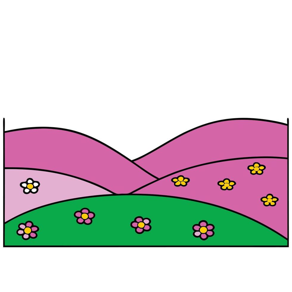 Cartoon Pink Hills, Green Meadow, Spring Flowers Landscape Illustration vector