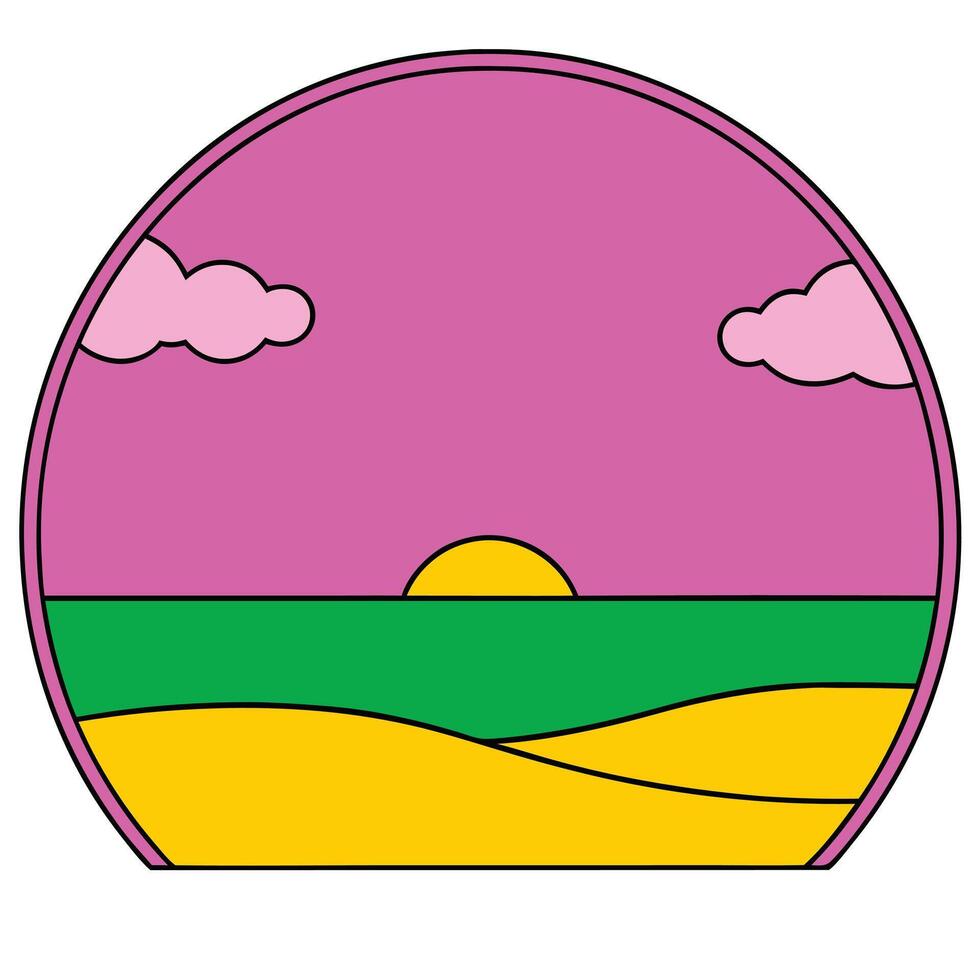 Sunset Beach Scene Circular Summer Ocean Coastal Vibe vector