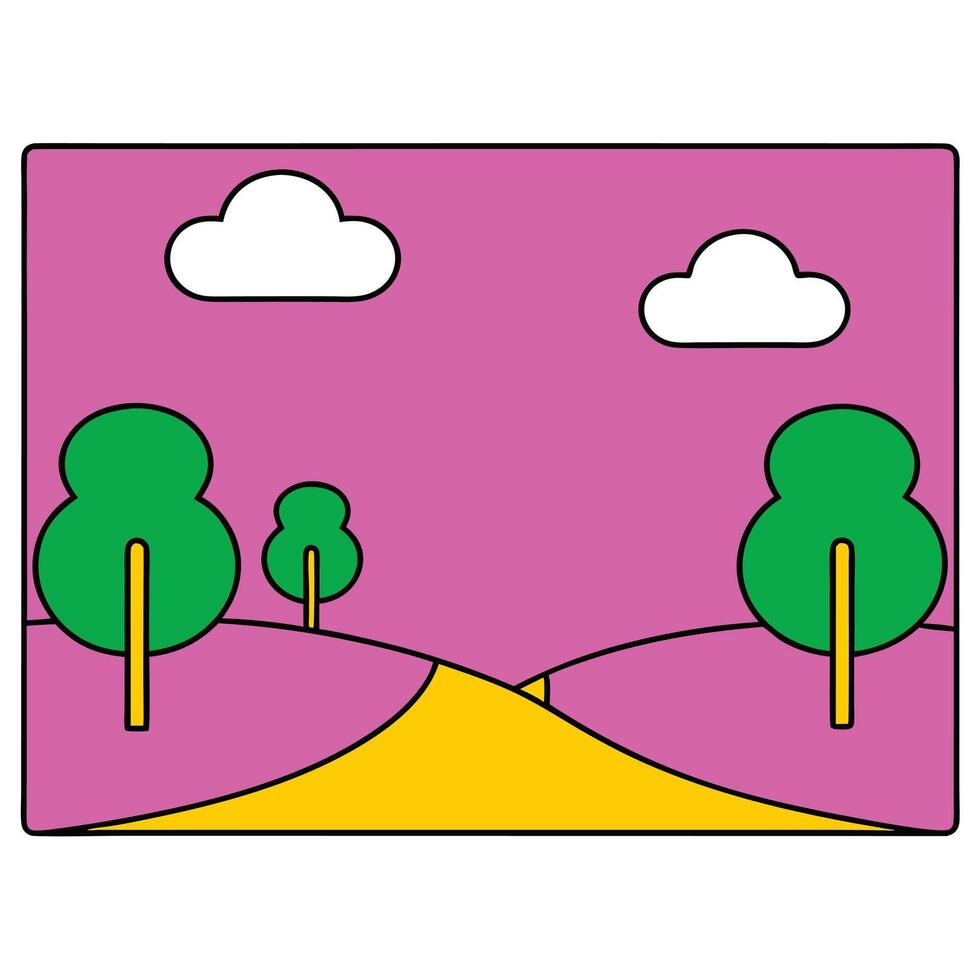 Simple Landscape Pink Sky, Yellow Road, Green Trees, White Clouds vector