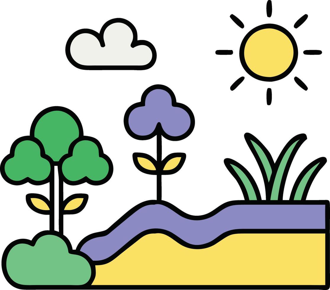 Sunny Landscape Illustration Trees, Flowers, Grass, and Clouds vector
