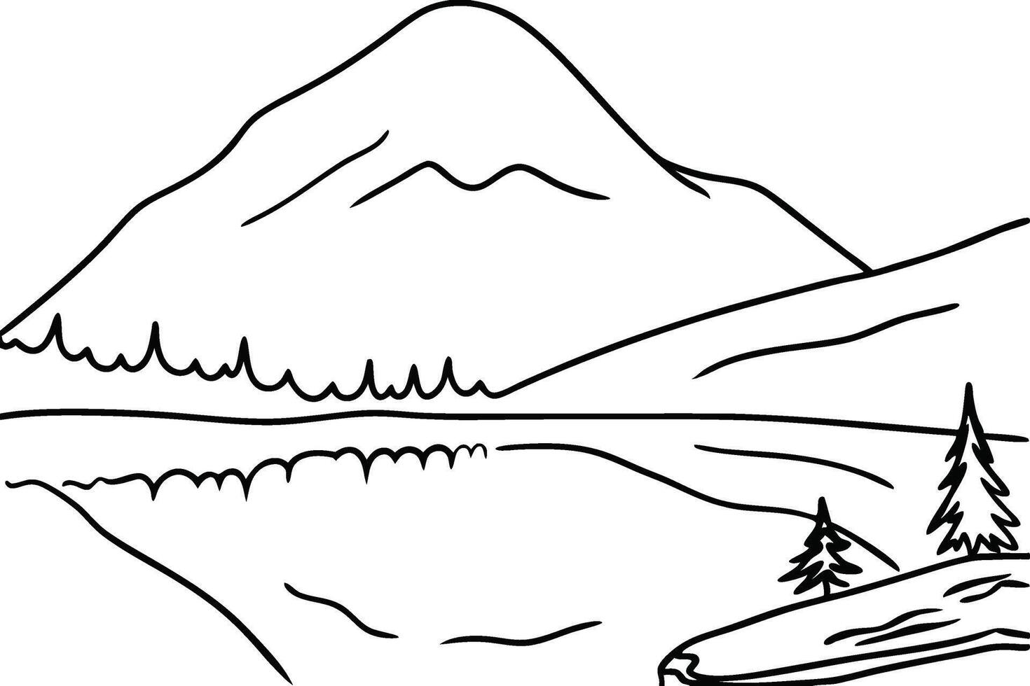 one line drawing of a mountain and lake scene vector