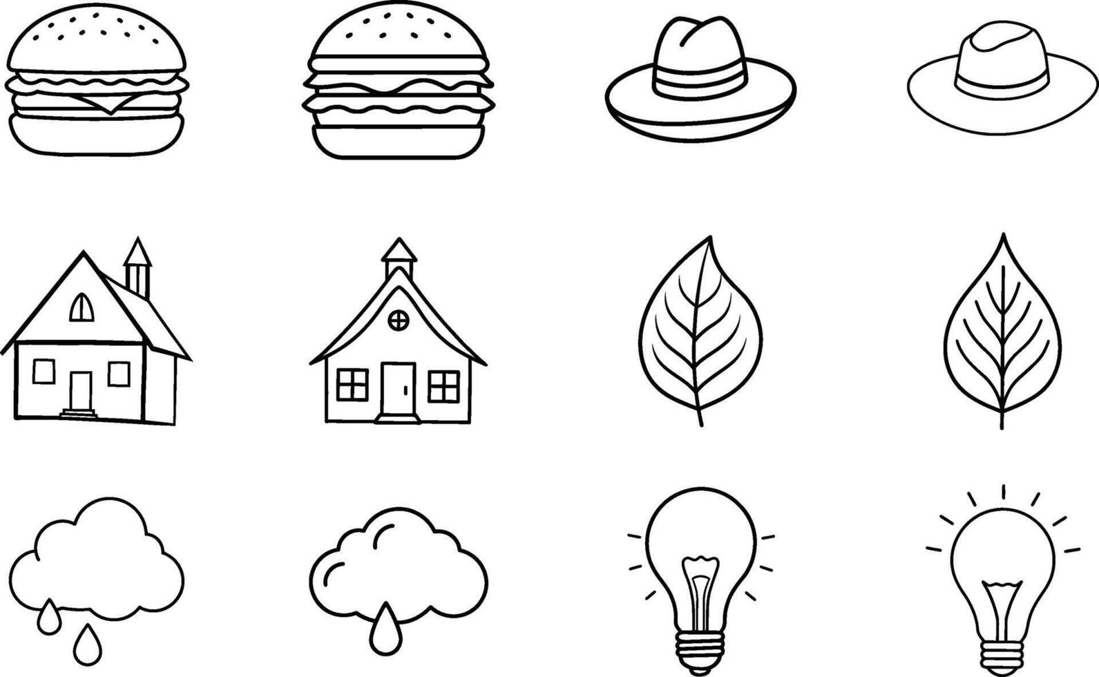 Simple Line Drawings Burgers, Hats, School, Leaves, Rain, Ideas vector