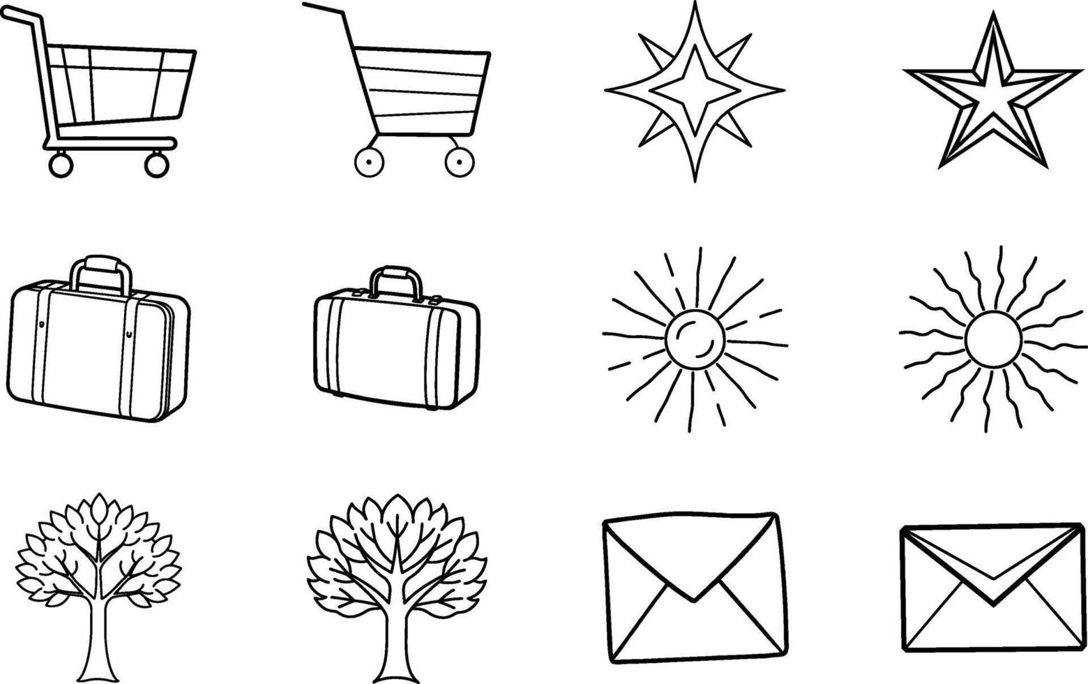 Shopping Cart, Suitcases, Stars, Sun, Trees, Envelopes Simple Line Icons vector