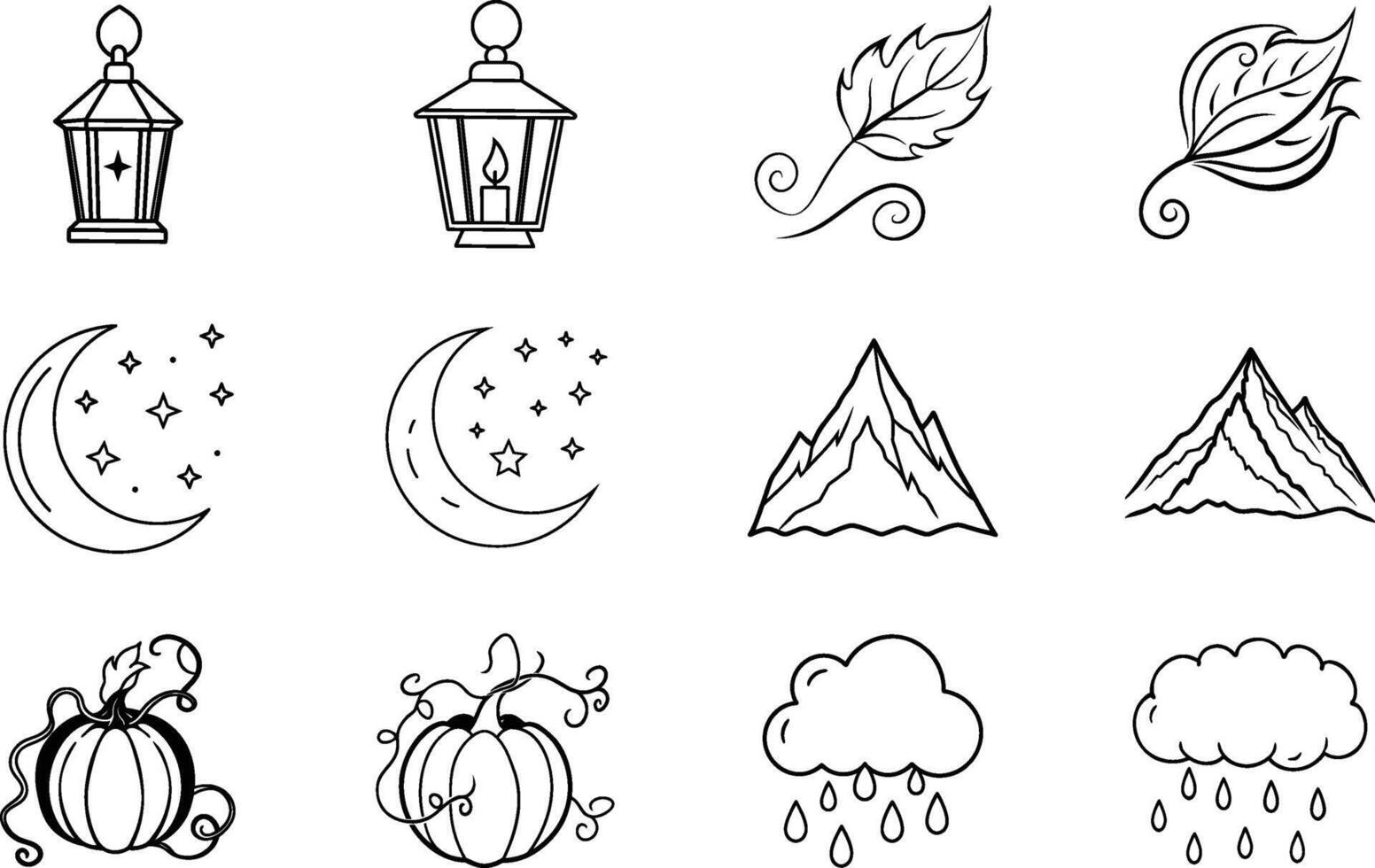 Nature Icons Lanterns, Moon, Stars, Leaves, Mountains, Pumpkins, Rain vector