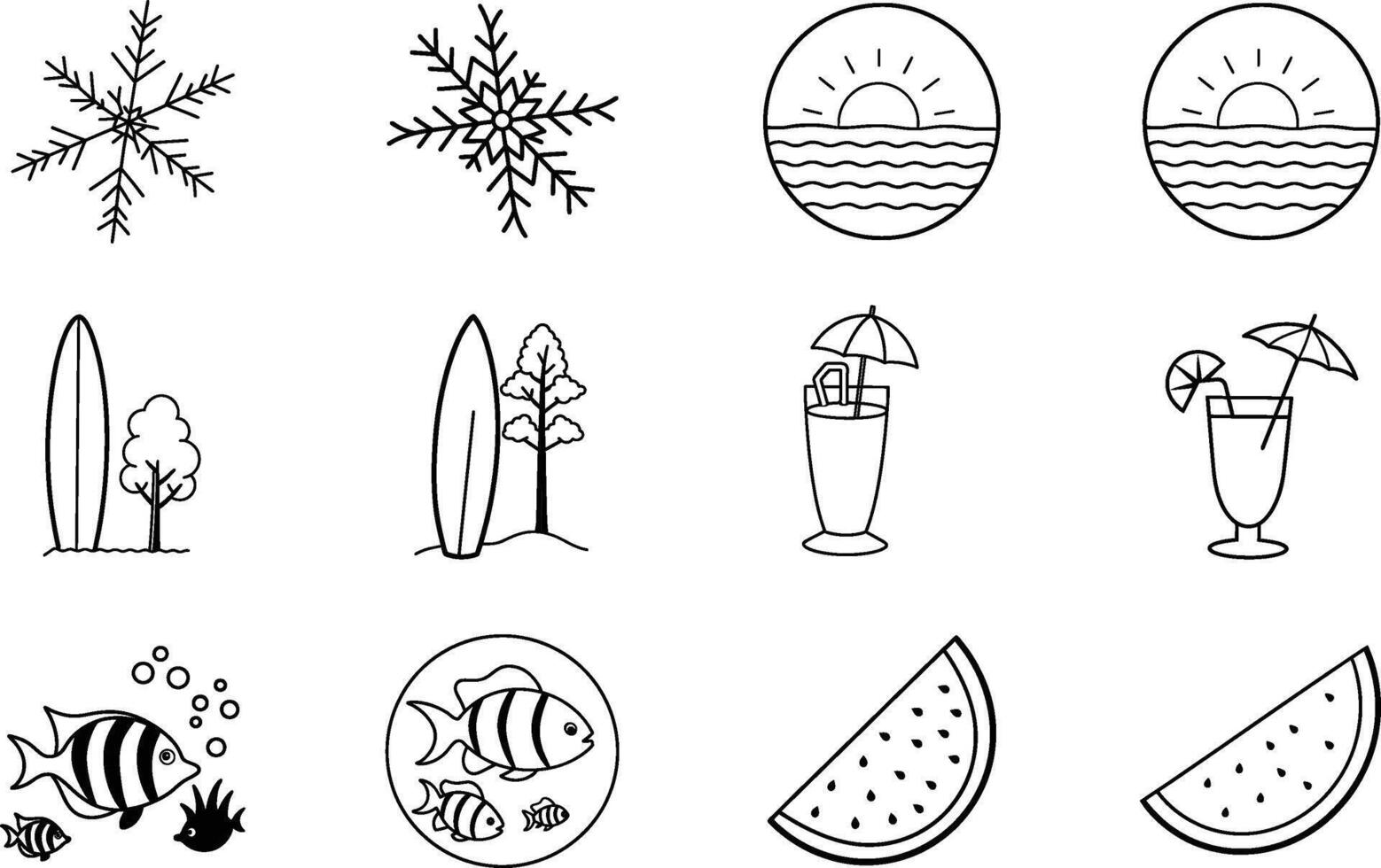 Summer Icons Sun, Beach, Surf, Snowflakes, Watermelon, Fish vector
