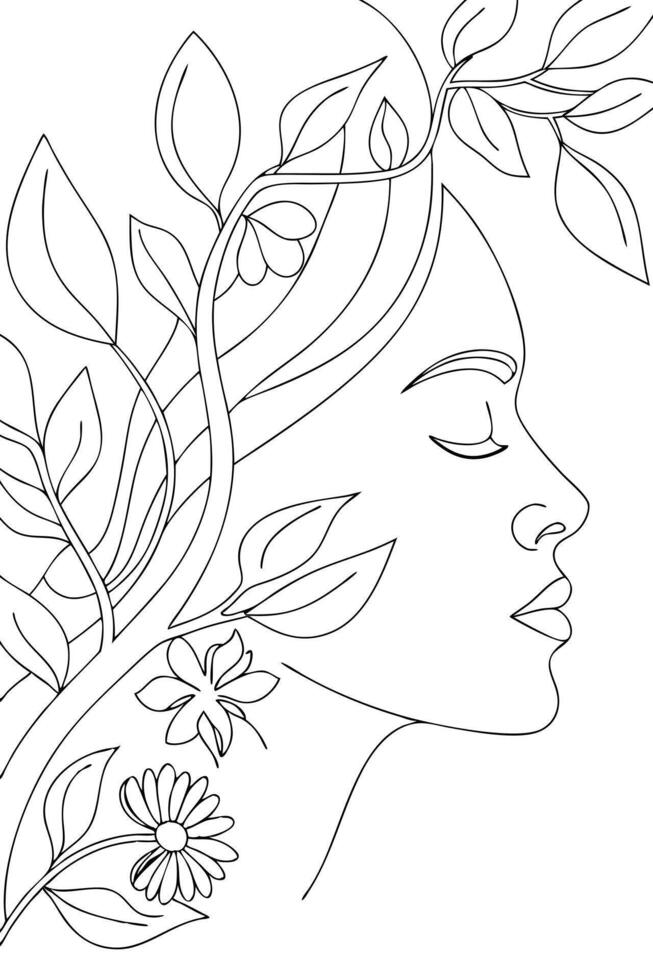 Serene Woman Profile Botanical Line Art Floral Design vector