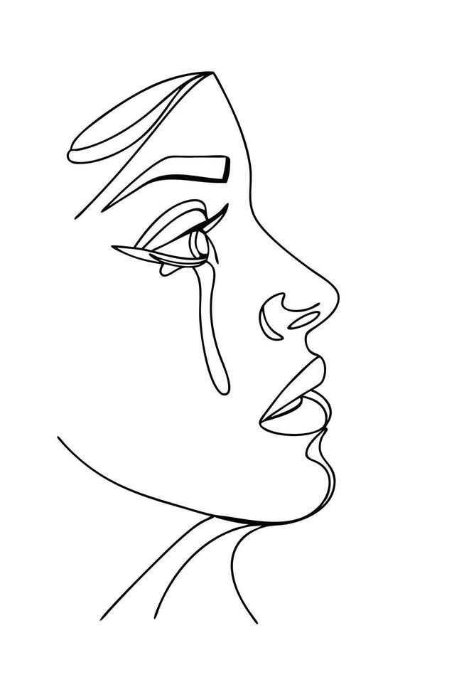 Elegant Line Art Womans Face, Crying, Single Line Drawing, Minimalist Portrait, Modern Art, Abstract vector