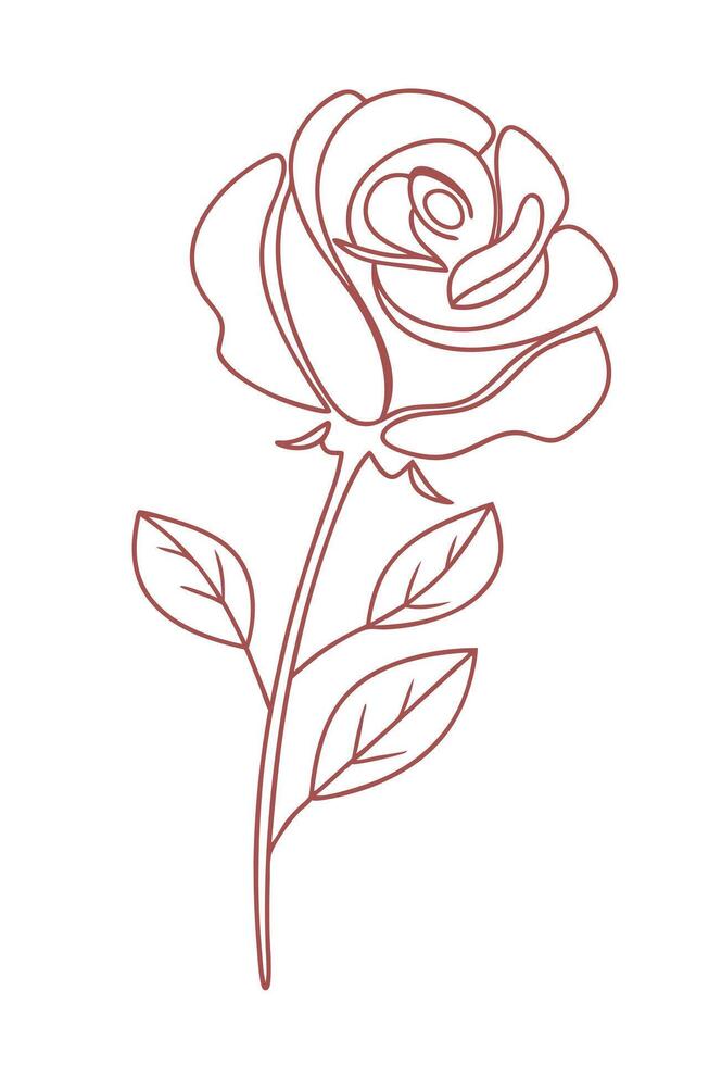 Elegant Rose Line Art Single Flower, Stem, Leaves, Minimalist Design vector