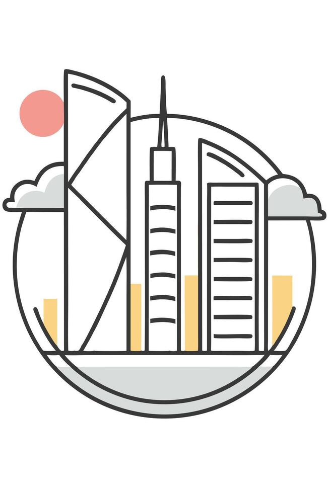 Modern City Skyline Buildings, Sun, Clouds, Urban Landscape vector