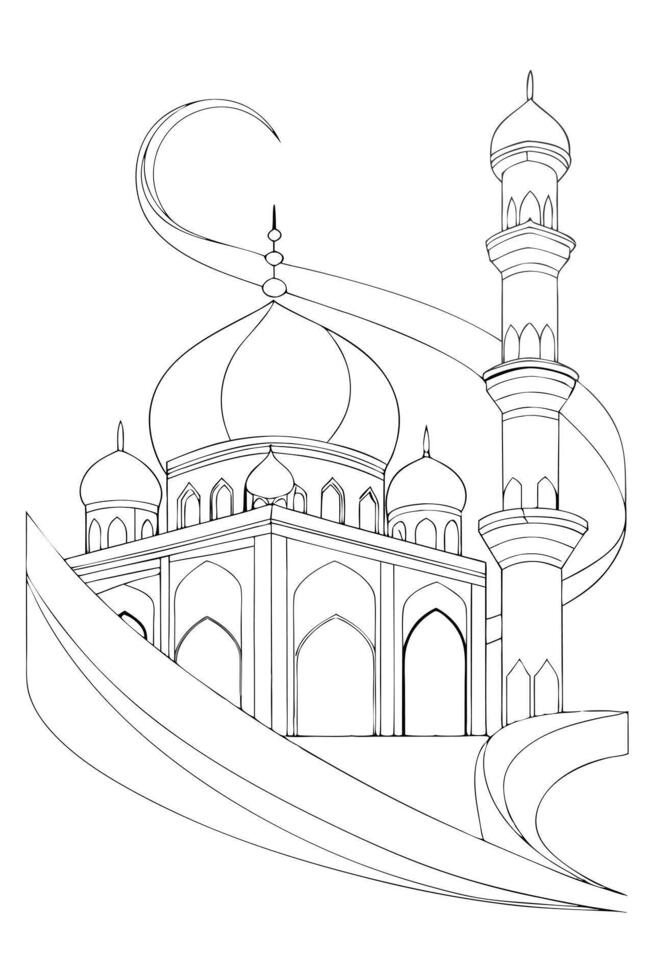 Elegant Mosque Line Art Islamic Architecture, Dome, Minaret, Faith vector