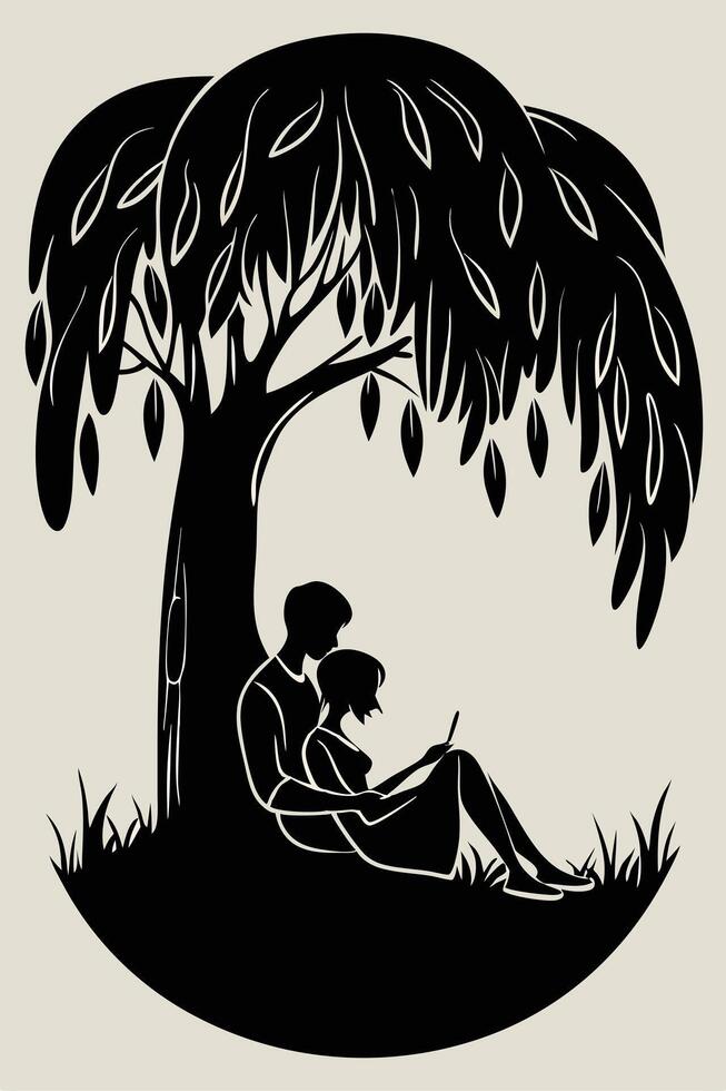 Silhouette Couple Willow Tree Romantic Nature Peaceful Scene Artwork vector