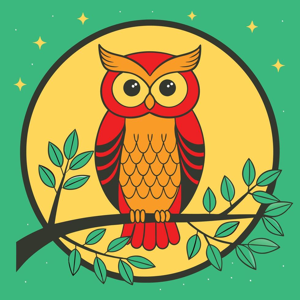 Night Owl Perched on Branch, Moonlit Design, Retro Style Illustration vector