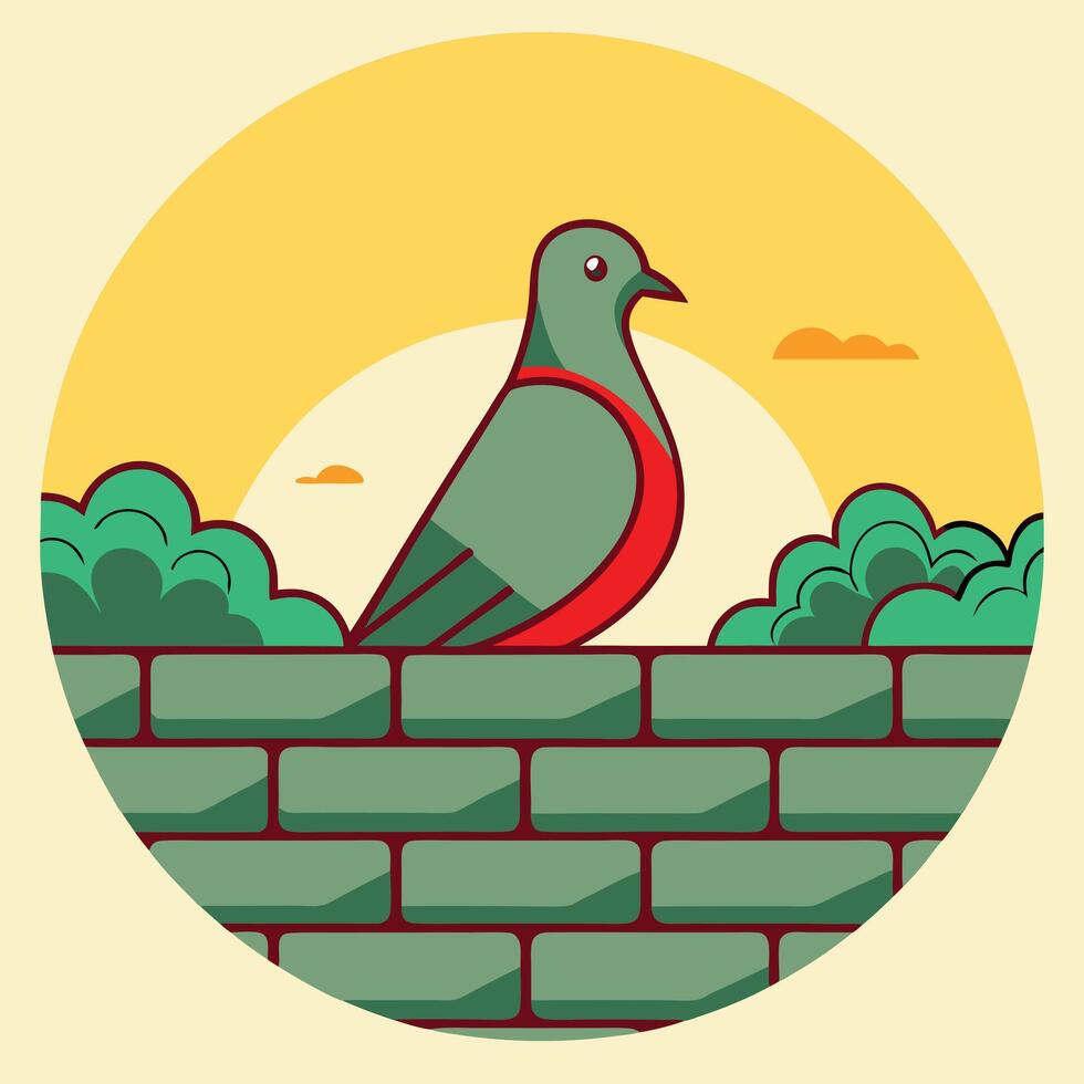 Serene Sunset Pigeon Perched on Brick Wall, Green Bushes vector