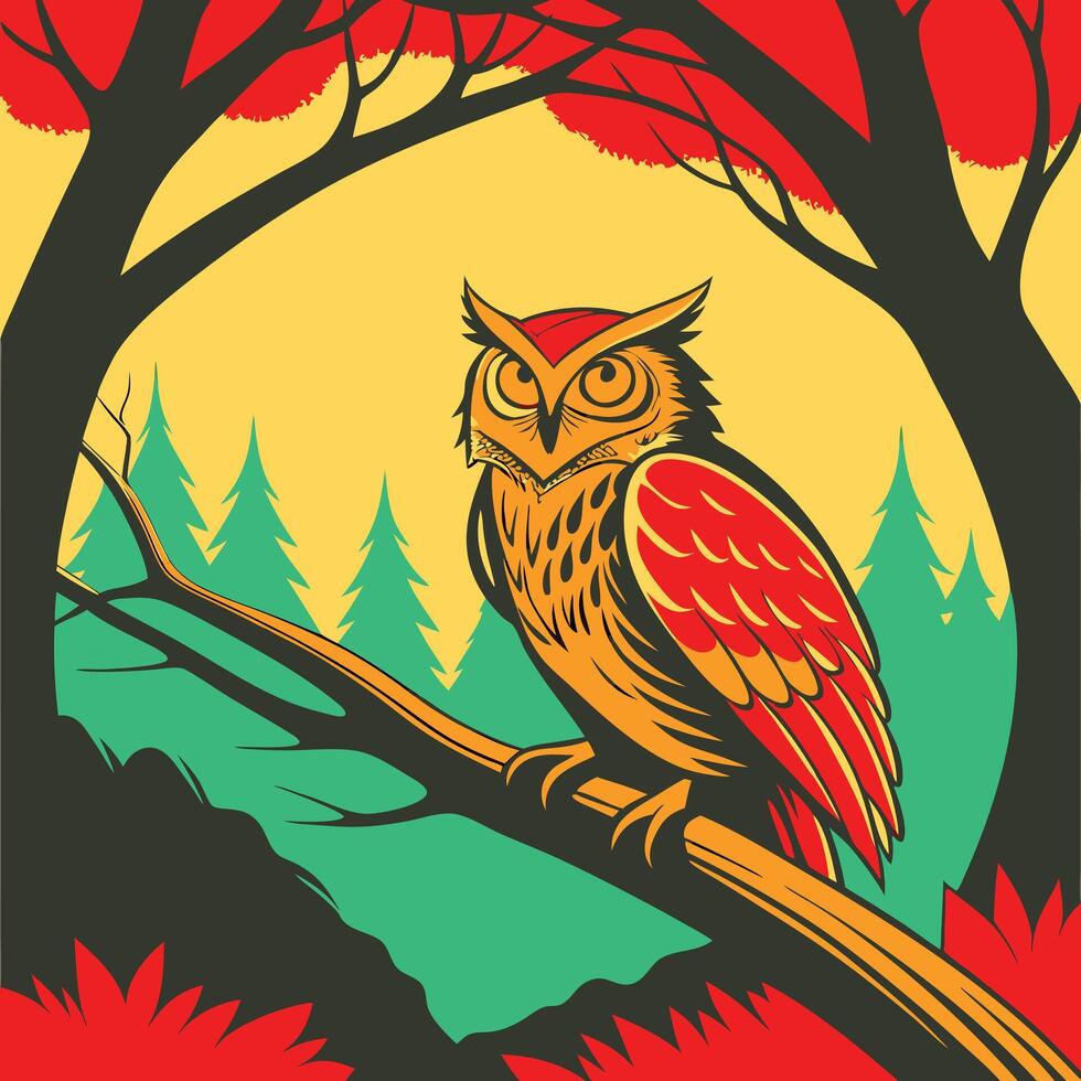 Majestic Owl Perched on Branch, Autumn Forest Scene vector
