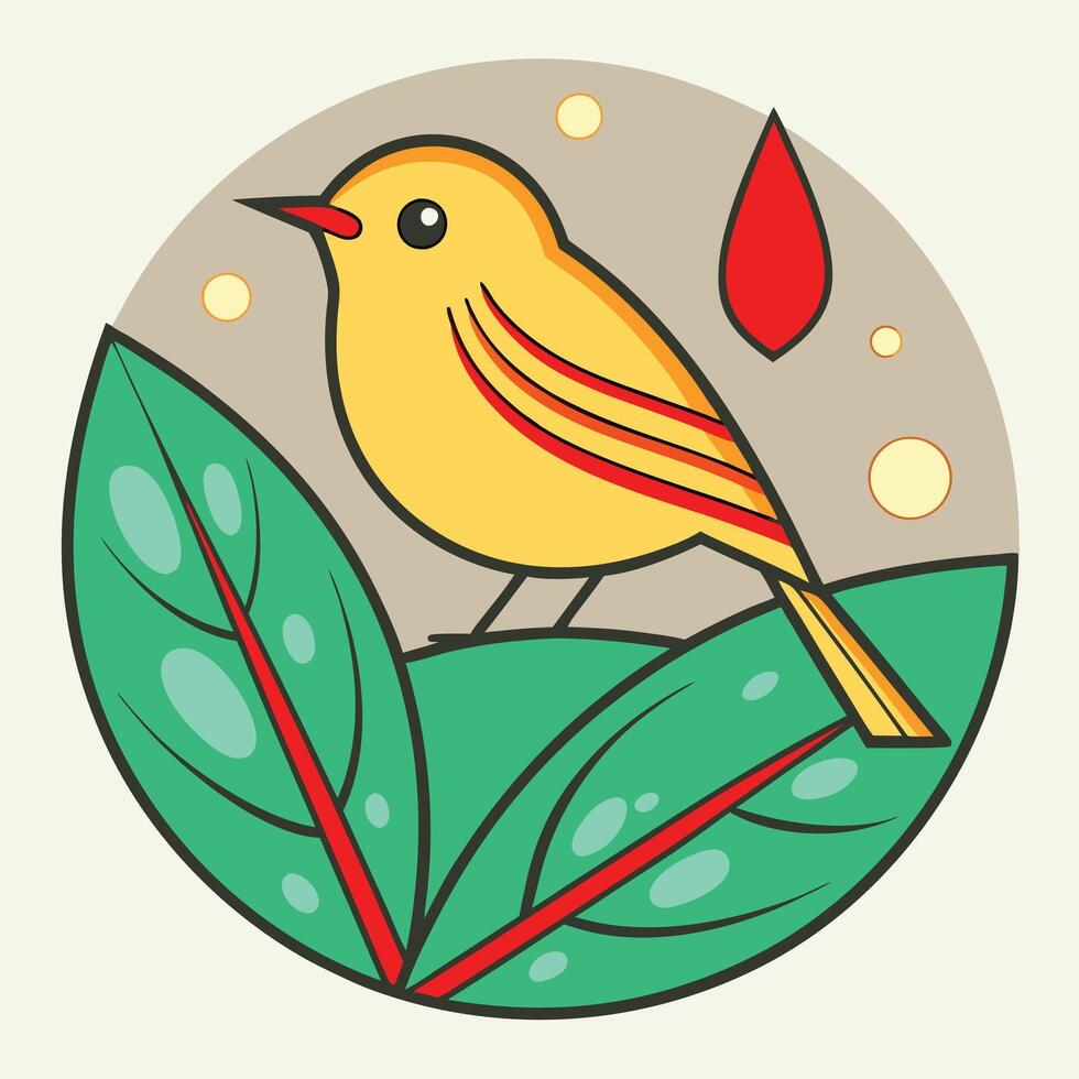 Yellow Bird on Green Leaves, Minimalist Nature Art Design vector