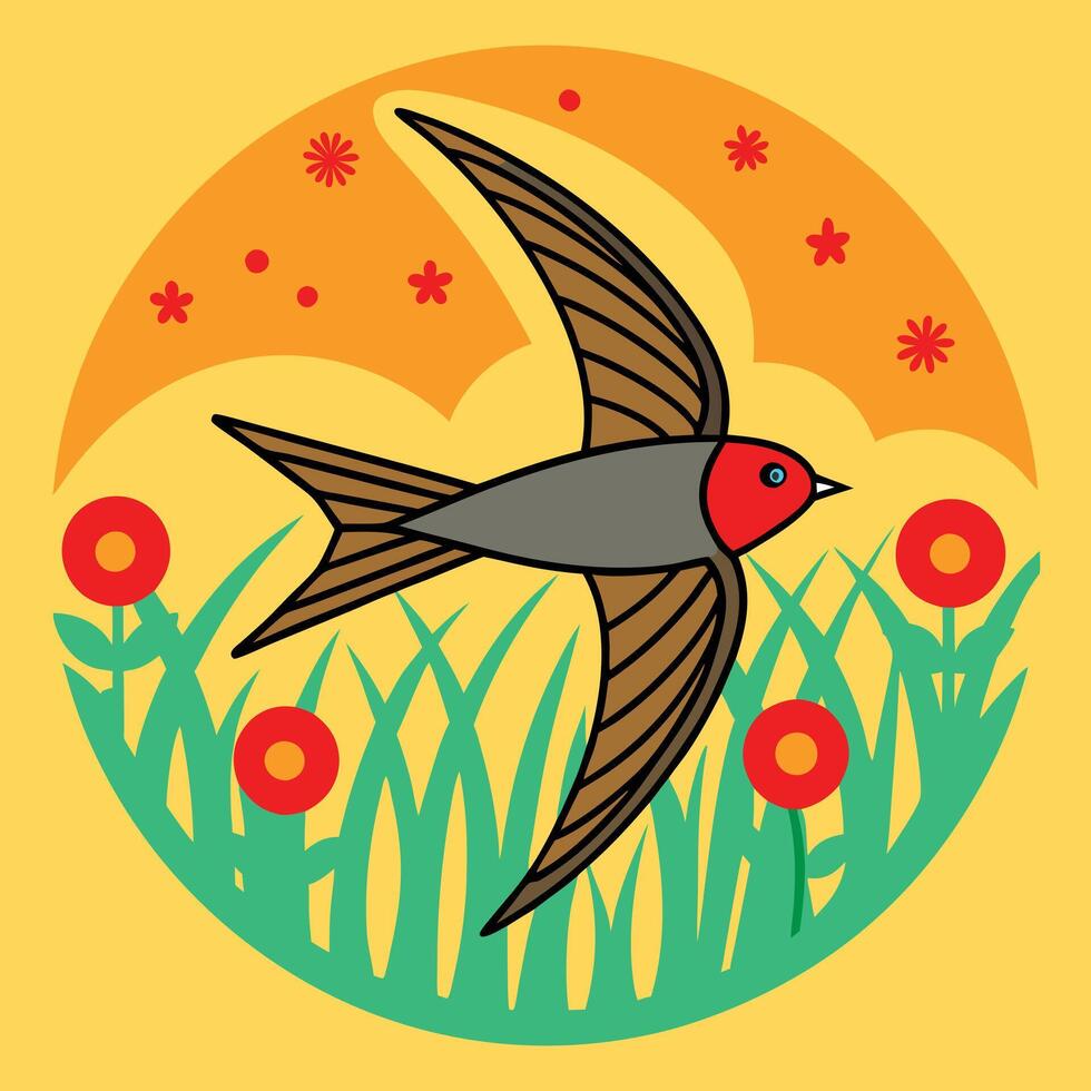 Artistic Swallow Bird Soaring in Sunny Meadow Flowers vector
