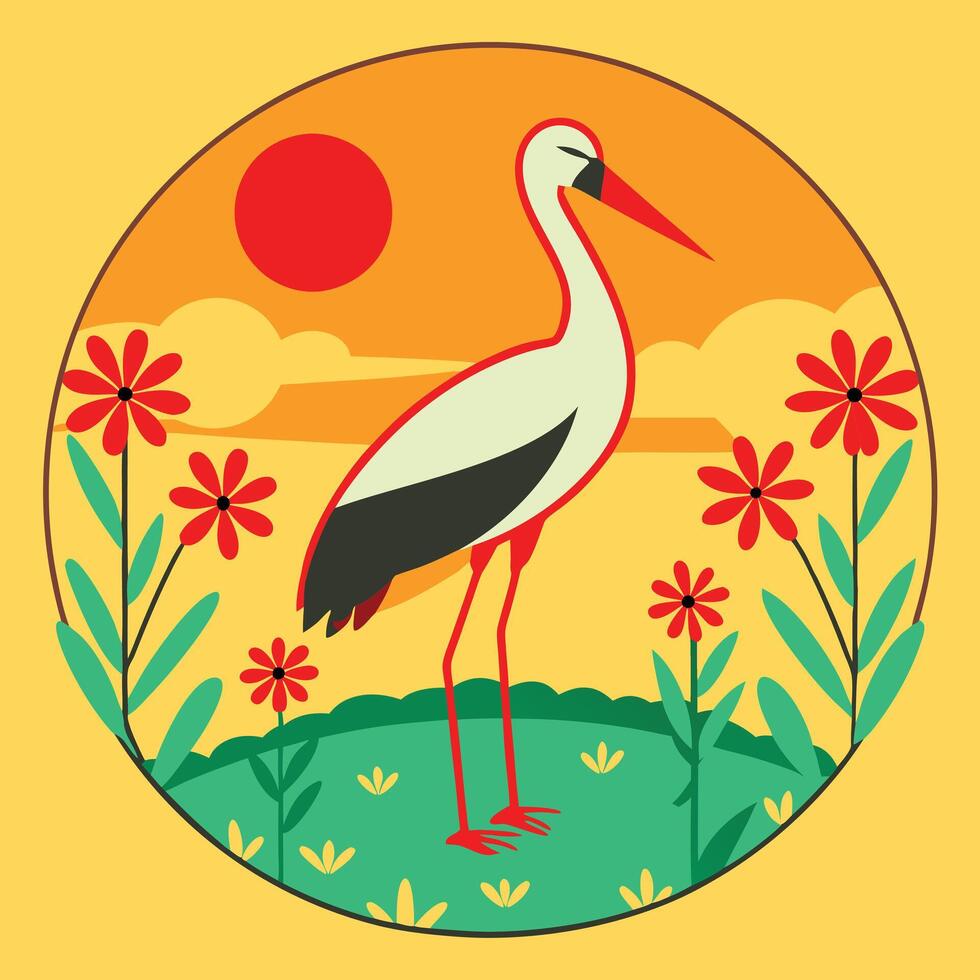 Sunset Stork Landscape Bird, Flowers, Meadow, Nature Scene vector