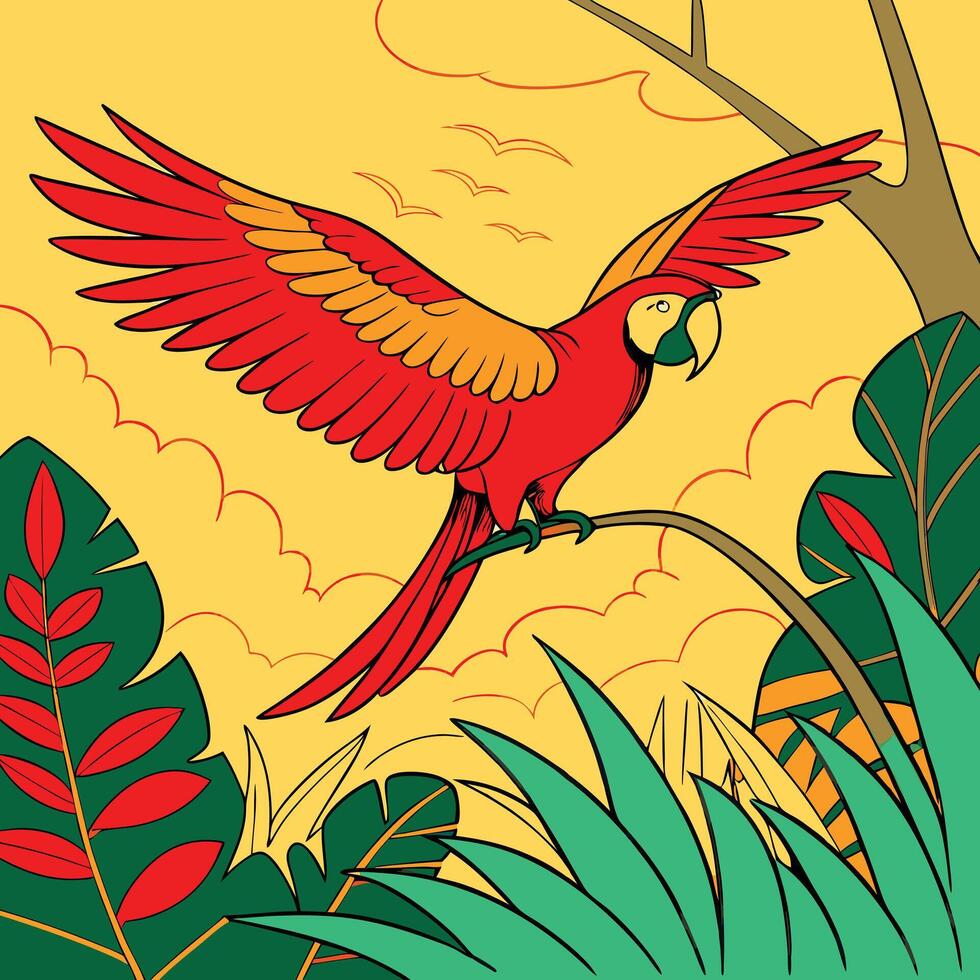 Vibrant Scarlet Macaw in Tropical Paradise, Lush Foliage, Birds in Flight vector
