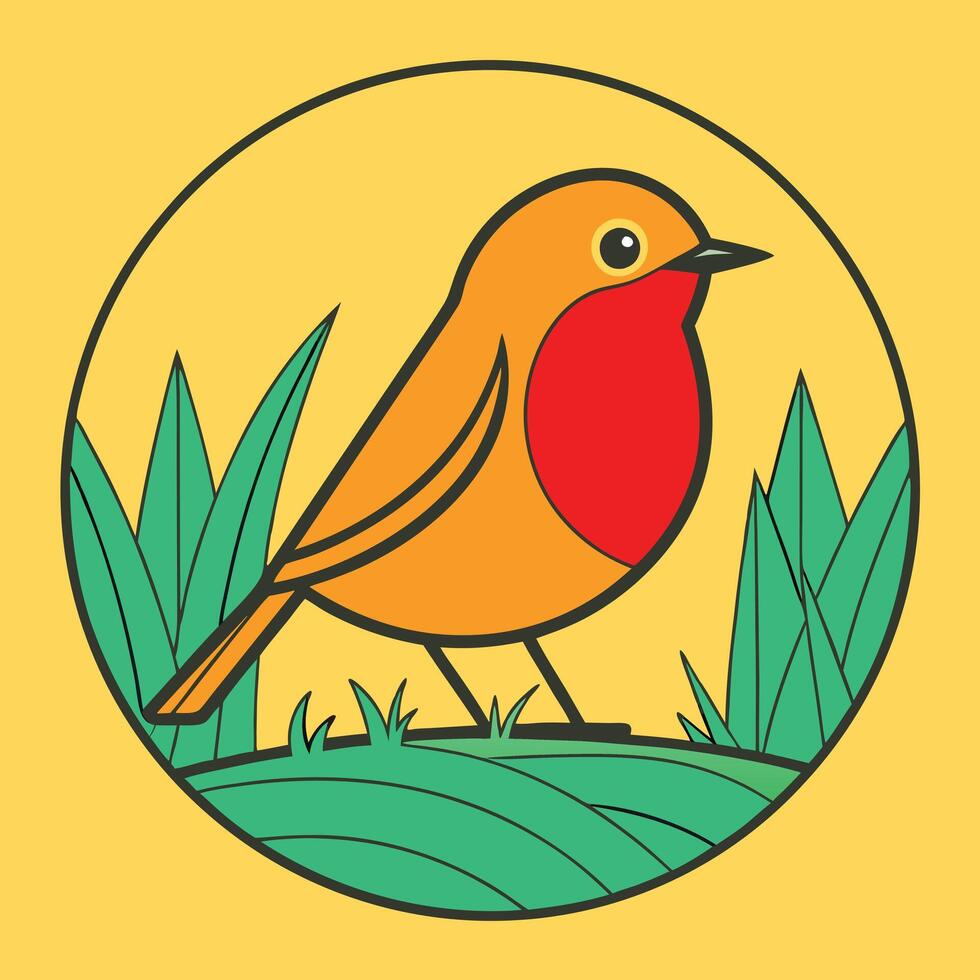 Stylized Robin Bird in Grass, Circular Design, Nature Illustration vector