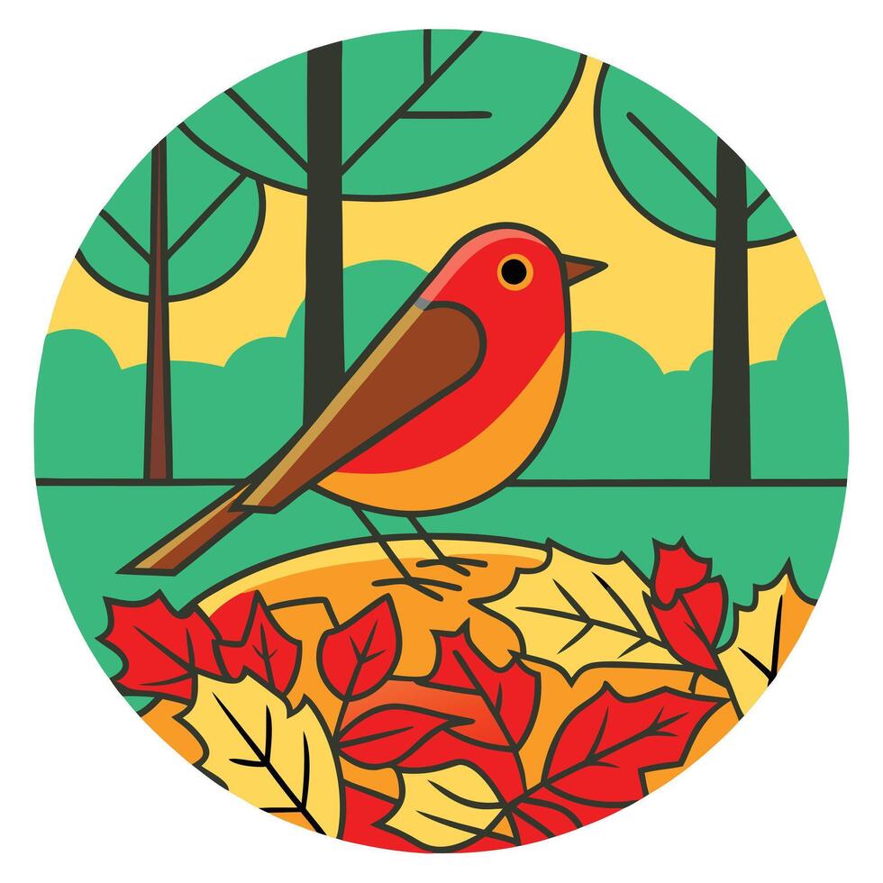 Autumn Bird on Fallen Leaves in a Forest Scene vector