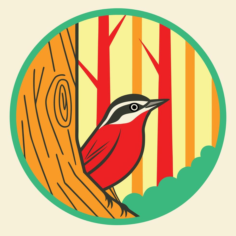 Crimsonbreasted Bird on Tree in Autumn Forest Scene vector