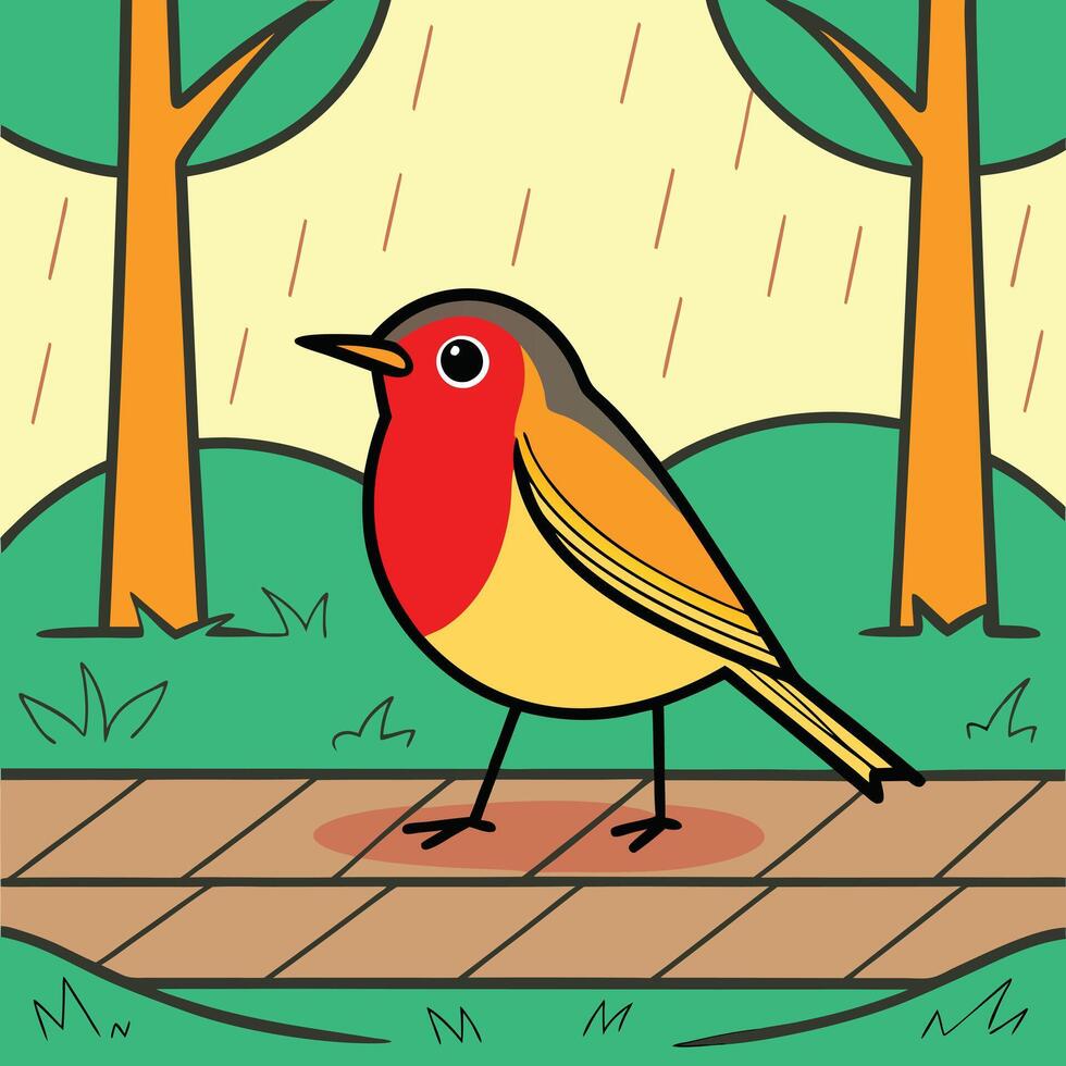 Raining Day Cartoon Robin Bird Park Path Trees Illustration vector
