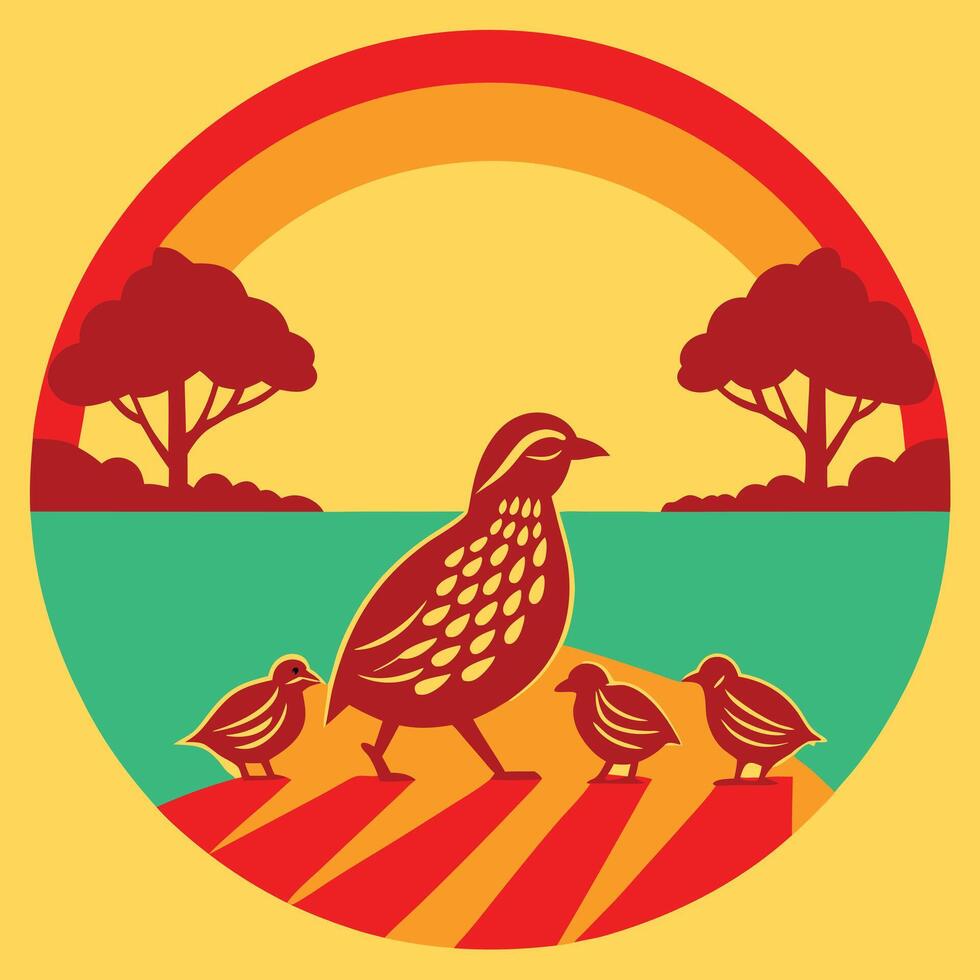 Quail Family Sunset Scenic Nature Bird Wildlife Art Graphic vector