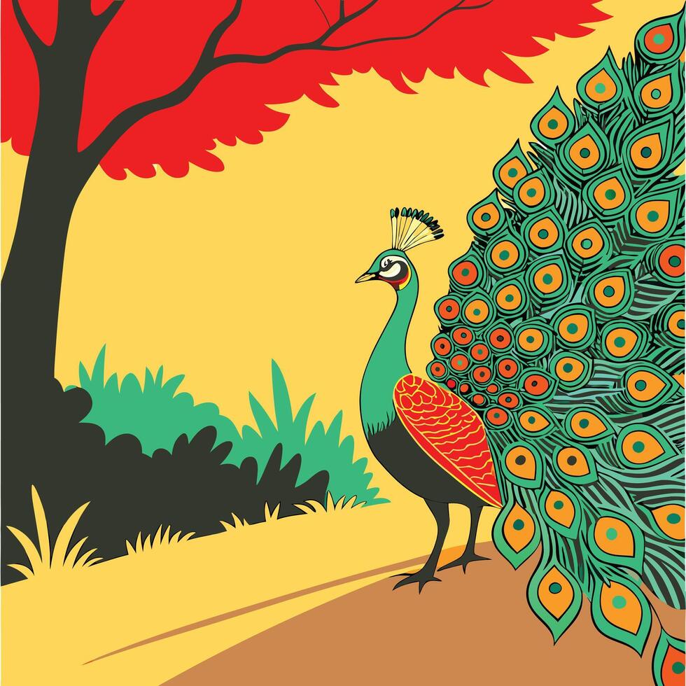 Vibrant Peacock in Autumnal Landscape Artistic Bird Illustration vector